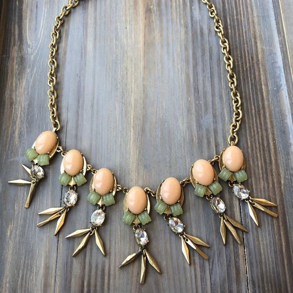 J Crew Peach & Sage Crystal Beaded Gold Fringe Necklace! EUC